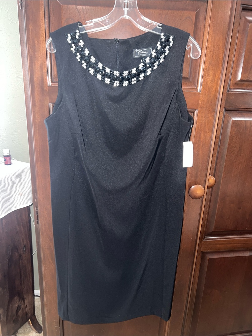 dressbarn Black Sleeveless Sheath Dress with Beaded Collar